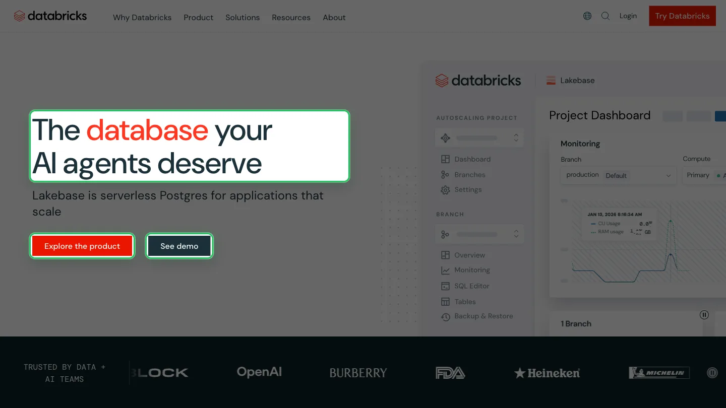 Spotlight on the Databricks site with the headline and two call-to-action buttons highlighted in green and the rest of the page dimmed