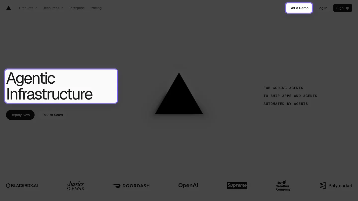 Spotlight highlighting the headline and a button on the Vercel homepage in violet while the rest of the page is heavily dimmed